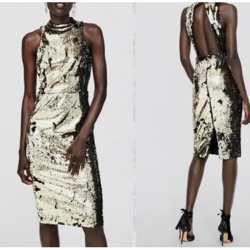 ZARA SEQUIN OPEN BACK SLEEVELESS MINI SHEATH DRESS